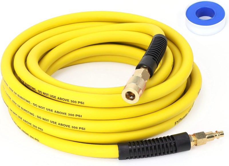 FYPower Air Compressor Hose 3/8 Inch x 25 Feet Hybrid Hose with Fittings, Flexible and Kink Resistant, 1/4" Industrial Quick Coupler and Plug Kit - Yellow - Image 1